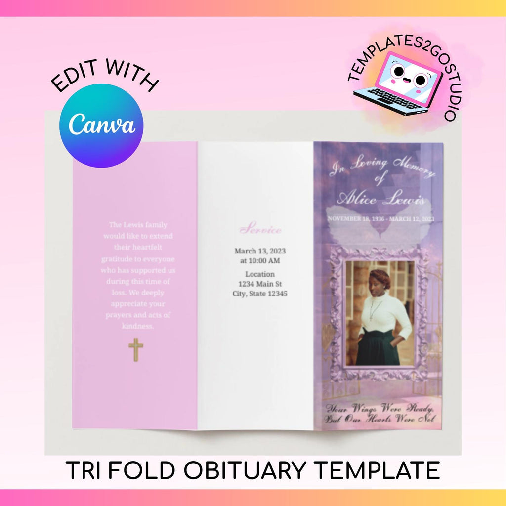 Editable Pink Tri Fold Obituary, Memorial , Funeral Program , Instant Download, Digital