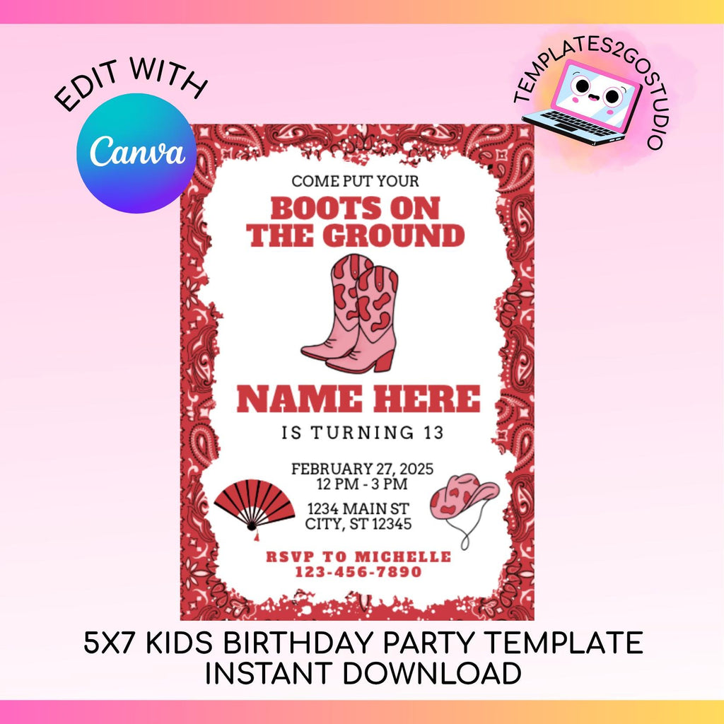 Editable 5x7 Red Bandana Boots on the Ground Birthday Party Invitation, Girl Invitation, Cowgirl Invite, Instant Download, Digital Invite