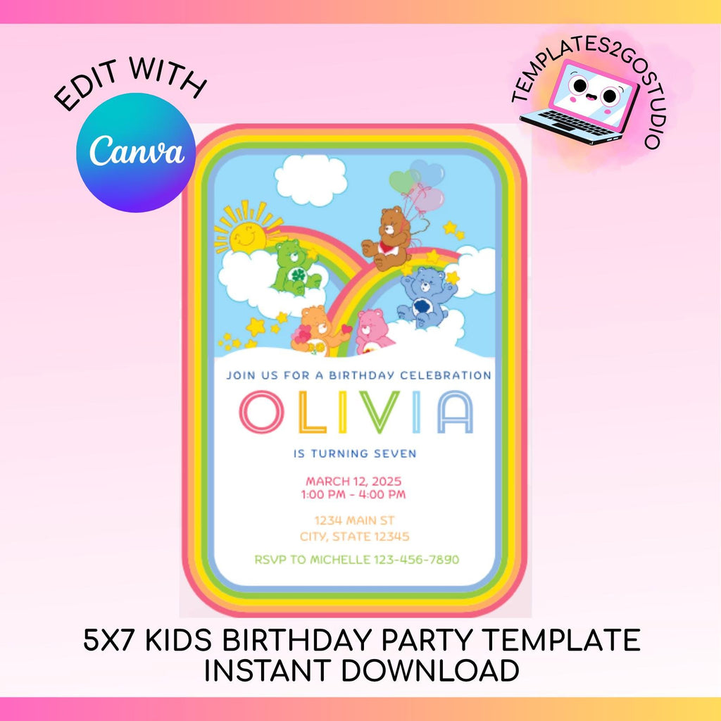 Editable 5x7 Care Bear Birthday Party Invitation, Girl Invitation, Boy Invitation, Pastel Invitation, Instant Download, Digital Invitation