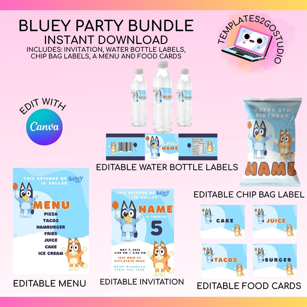 Editable Bluey Birthday Bundle, Chip Bag Label, Editable Label, Water Bottle Label, Menu, Food Cards, Invitation, Printable, Personalize