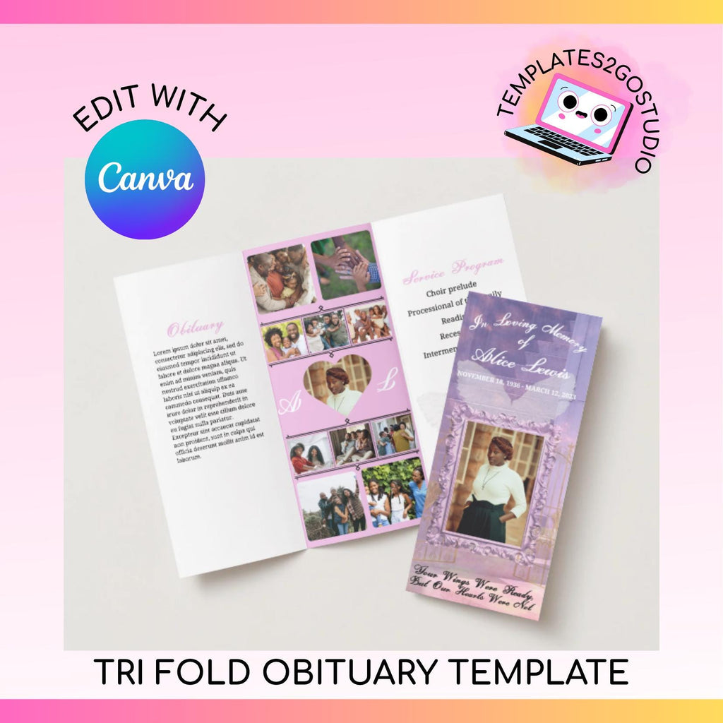 Editable Pink Tri Fold Obituary, Memorial , Funeral Program , Instant Download, Digital