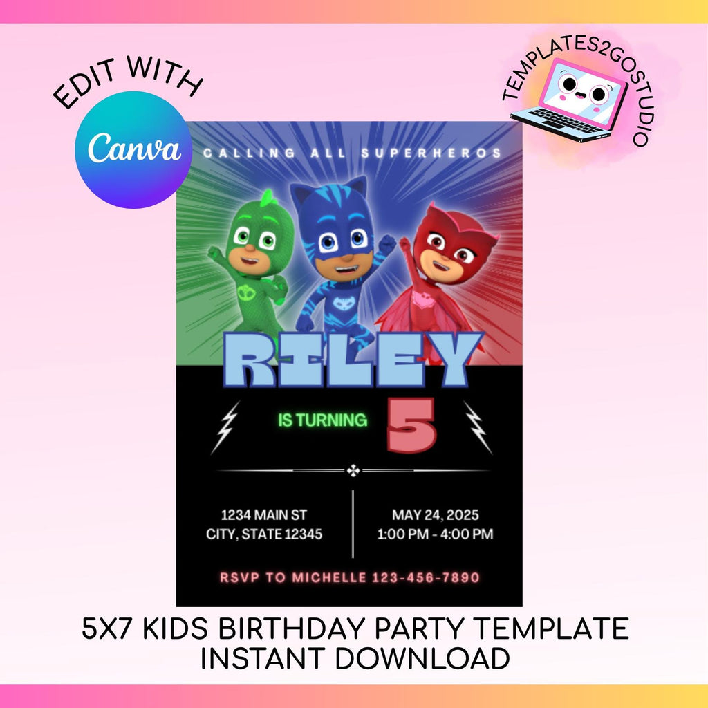 Editable 5x7 PJM Superhero Birthday Party Invitation, Boy Invitation, Instant Download, Digital Invitation