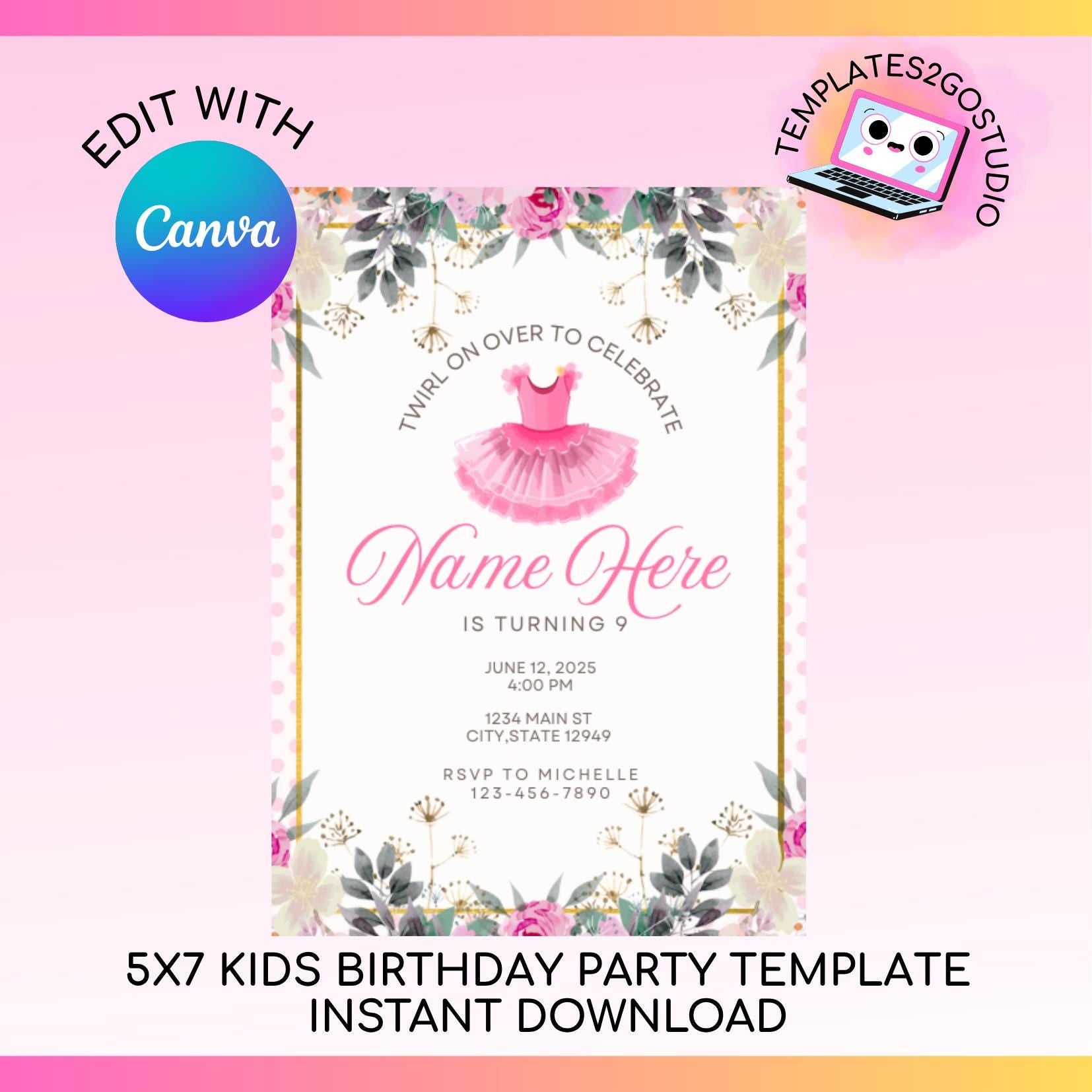 Editable 5x7 Ballet Ballerina Tutu Birthday Party Invitation, Girl Invitation, Pink Invitation, Instant Download, Digital Invitation
