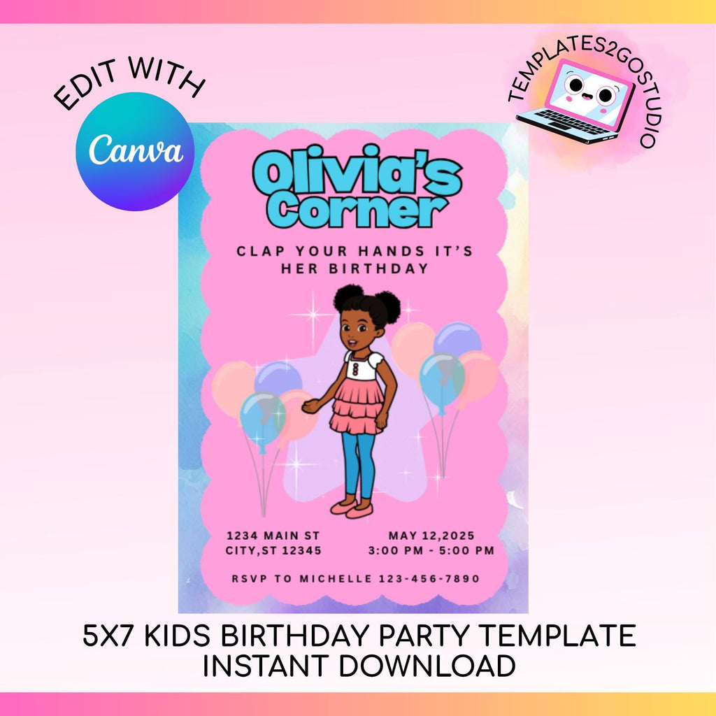 Editable 5x7 Gracie's Corner Birthday Party Invitation, Girl Invitation, Pink Invitation, Instant Download, Digital Invitation