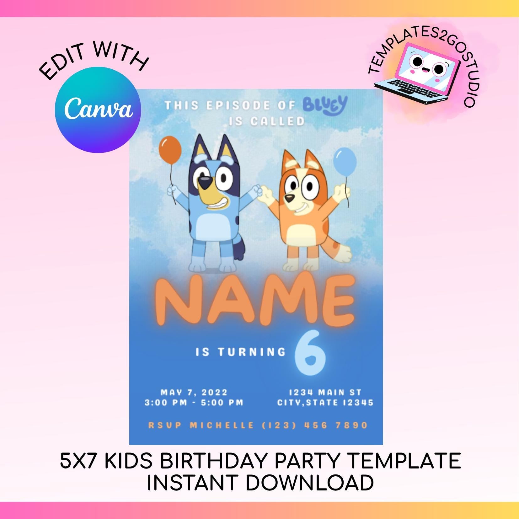 Editable 5x7 Bingo Bluey Birthday Party Invitation, Girl Invitation, Boy Invitation, Blue Invitation, Instant Download, Digital Invitation