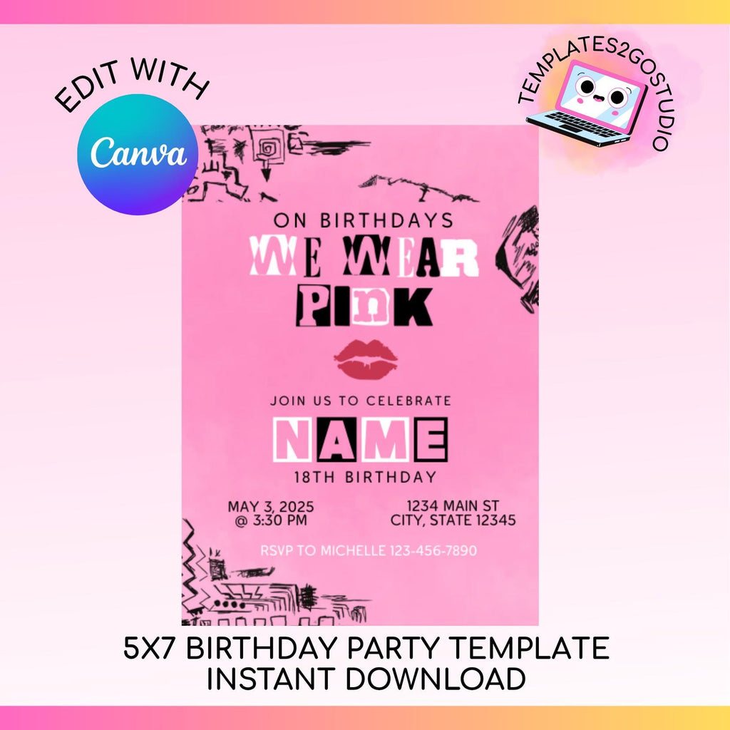 Editable 5x7 Mean Girls Birthday Party Invitation, Girl Invitation, Pink Invitation, Instant Download, Digital Download, We Wear Pink