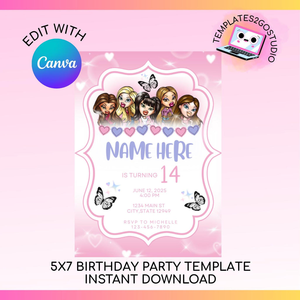 Editable 5x7 Bratz Doll Birthday Party Invitation, Girl Invitation, Pink Invitation, Instant Download, Digital Download, Airbrush Invite